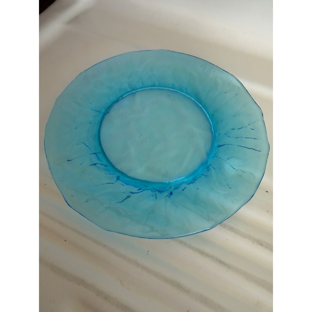 2 Vintage Aqua Blue Textured Glass Salad Dessert Plate Bark Pattern 8.25 Inch - Picture 3 of 6